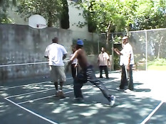 Busty blonde has many black friends