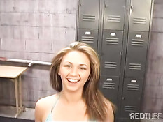Chick rimming guy in locker room