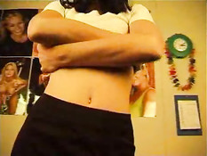 Brunette sweetie on leather couch