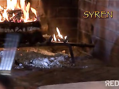 Horny asian at the fireplace