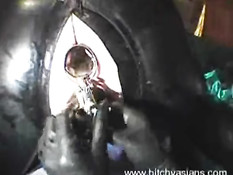 Rubber slave speculum fuck