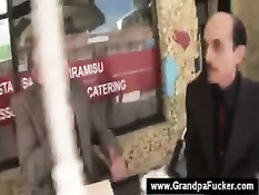 Teen blowing grandpa and his friends