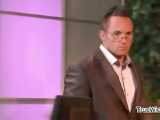 Blonde jerking off multiple dicks and spits on them