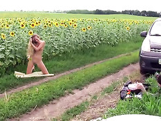 Алена позирует между подсолнухами