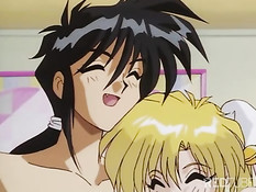 Blonde and redhead seducing boy