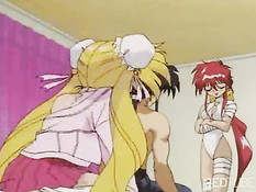 Blonde and redhead seducing boy