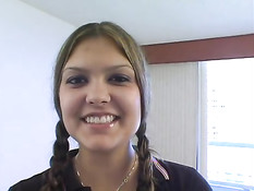 Дечоночка с косичками ласкает себя и сосёт бритый член парня