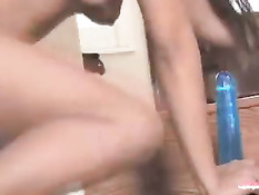 Возбуждённая азиатка испытвает на ступеньках резиновый хуй