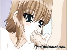 Хентай девочка сделав минет трахается на розовой кровати