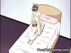 Хентай девочка сделав минет трахается на розовой кровати