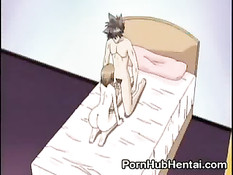 Хентай девочка сделав минет трахается на розовой кровати