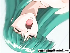 Нечто ласкает сиськастую малышку с зелёными волосами