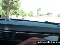 Рыжая сосёт член на переднем сиденье автомобиля