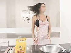 Сисястая брюнетка в чёрных чулках ногами дрочит парню член