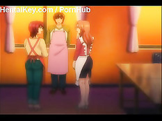 Две грудастые аниме малышки вместе сосут возбуждённый член парня