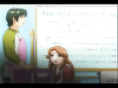 Две грудастые аниме малышки вместе сосут возбуждённый член парня