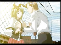 Парень прижал хентай подружку к забору и начал трогать за сиськи