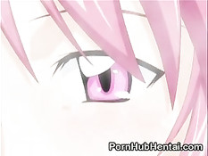 Милая аниме девчонка с розовыми волосами садится на длинный член