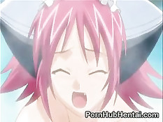 Милая аниме девчонка с розовыми волосами садится на длинный член