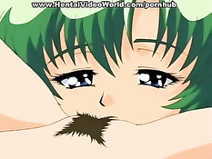 Две аниме лесбиянки вылизывают привязанной девушке киску и соски