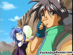 Хентай девушка с большой грудью занималась сексом с парнем в лесу