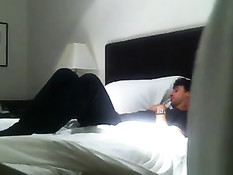 Девушка снимает халатик и нижнее бельё, а потом сосёт парню член