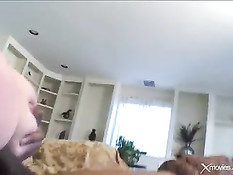 Рыжая красотка в чулках возбуждает себя и ебётся с чёрным парнем