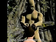 Девка из 3D мульта мастурбирует в джунглях, а монстр дрочит на неё