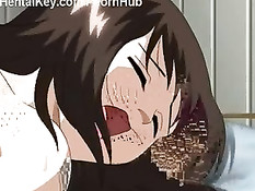 Хентай брюнетка в чёрных чулках трахнулась с парнем после минета