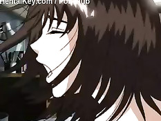 Хентай брюнетка в чёрных чулках трахнулась с парнем после минета