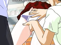 Трое ребят зажали в углу аниме девчонку и заставили сделать минет