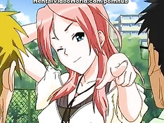 Трое ребят зажали в углу аниме девчонку и заставили сделать минет