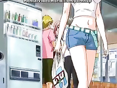 Трое ребят зажали в углу аниме девчонку и заставили сделать минет