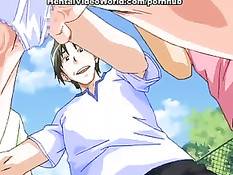 Трое ребят зажали в углу аниме девчонку и заставили сделать минет