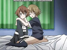 Симпатичная хентай девчонка сделала мальчику минет в его постели