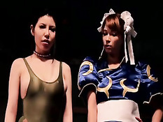 Азиатка в колготках и её подружка с бантами ебутся с парнем в маске