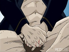 Две хентай малышки увидели, как больная девка делает парню минет