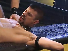 Лысые мужчины в латексном белье втроём занимались жёстким сексом