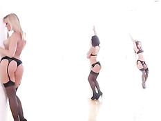 Мужчина оттрахал раком трёх сексуальных женщин в чёрных чулках