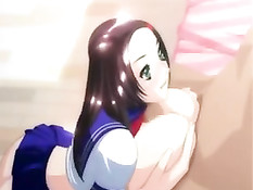 Аниме девчонка сделала глубокий минет и подрочила член сиськами