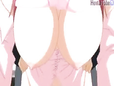 Сисястая хентай детка с розовыми волосами делала минет на кровати