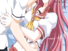 Сисястая хентай детка с розовыми волосами делала минет на кровати