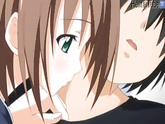 Сисястая хентай детка с розовыми волосами делала минет на кровати