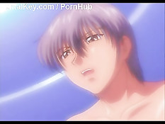 Аниме девушка сделала парню минет и трахнулась с ним на кровати