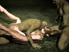 Принцесса делала минет и занималась сексом с двумя 3D демонами