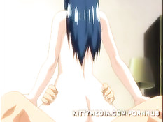 Хентай девушка с синими волосами сделала минет и залезла на член