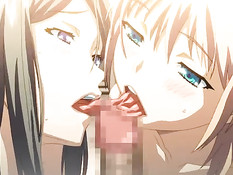 Две аниме девушки облизывают член и ебутся с парнем на кровати