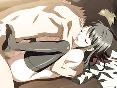 Две аниме девушки облизывают член и ебутся с парнем на кровати