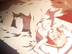 Две аниме девушки облизывают член и ебутся с парнем на кровати