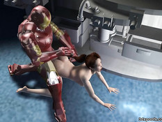 Рыжая 3D девка на полу занимается любовью с железным человеком